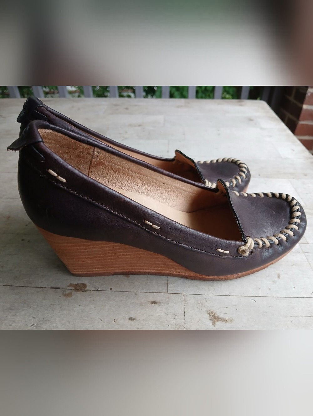 Frye "Alex" Brown Leather Wedge Loafers with Contrast Stitching 6 5
